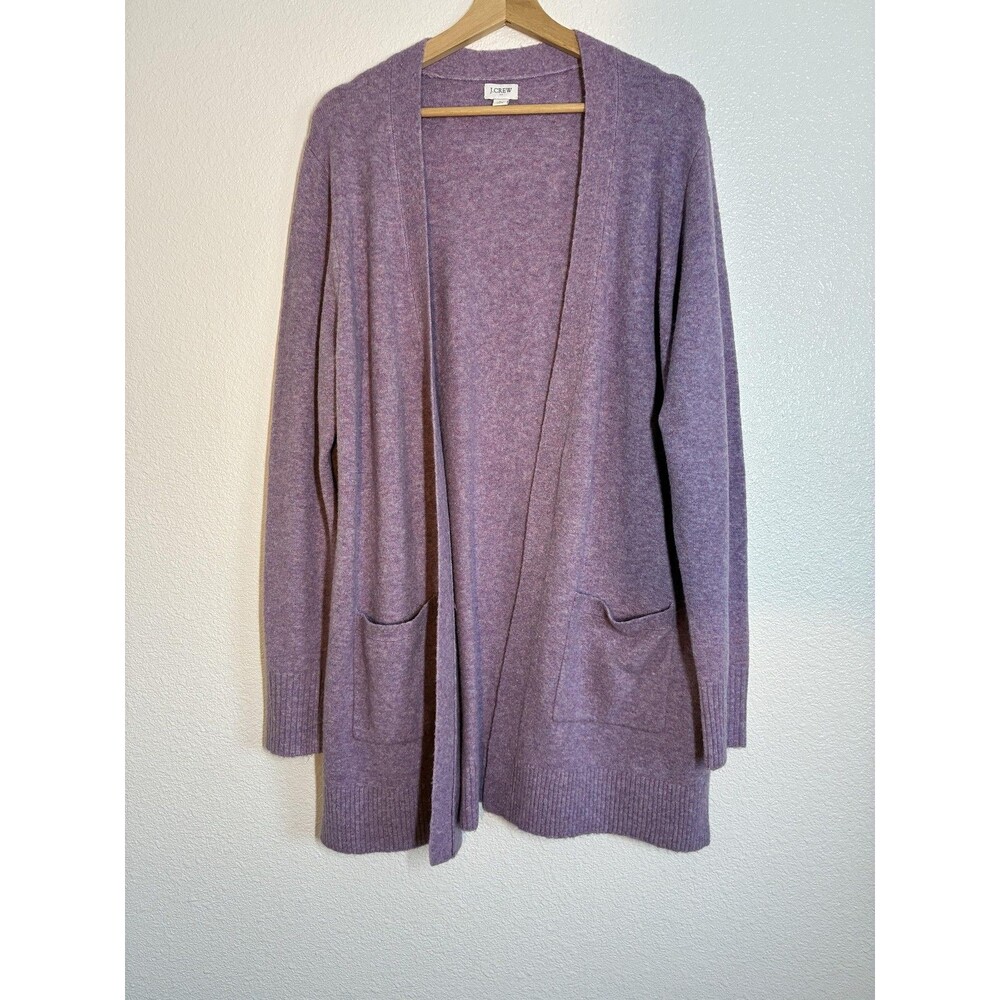 J.Crew Cardigan Sweater Womens Large Purple Wool Blend Open Front Pockets Knit